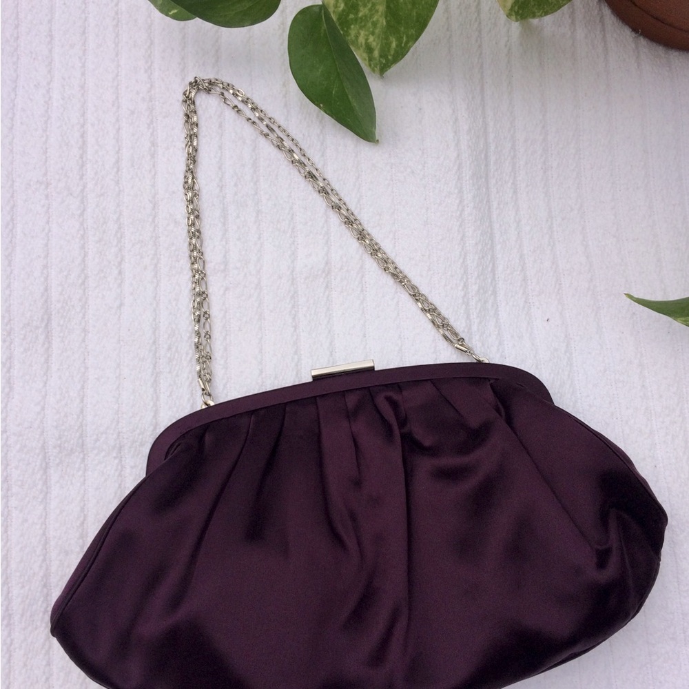 Banana Republic Eggplant silk clutch hand bag with silver hardware